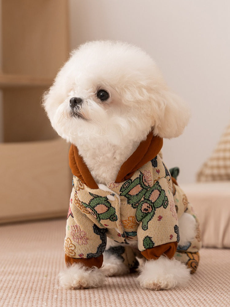 Yellow Graffiti Hooded Pet Jumpsuit with 3D Bear Doll