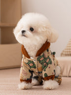 Yellow Graffiti Hooded Pet Jumpsuit with 3D Bear Doll