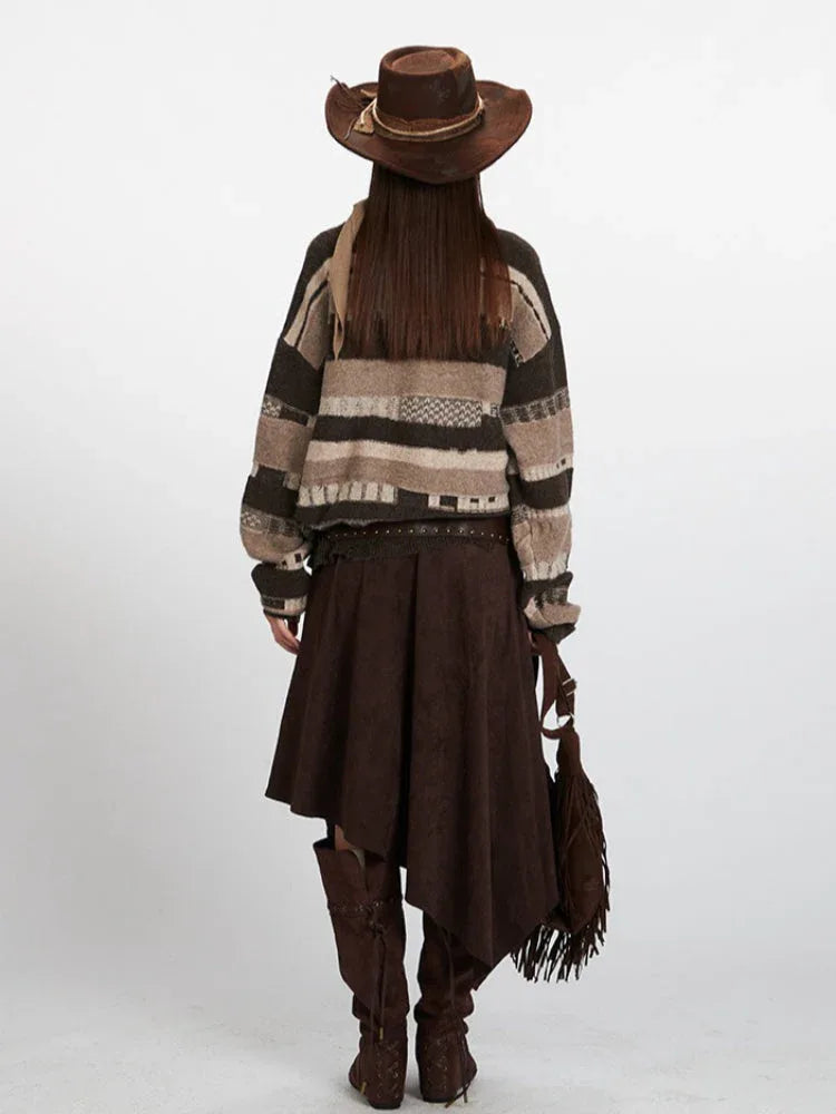 Vintage Brown Striped Distressed Knit Sweater - TEVQA