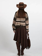 Vintage Brown Striped Distressed Knit Sweater - TEVQA