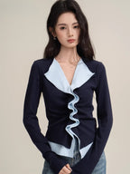 Ribbed V-Neck Ruffle Trim Top - View 6 | TEVQA