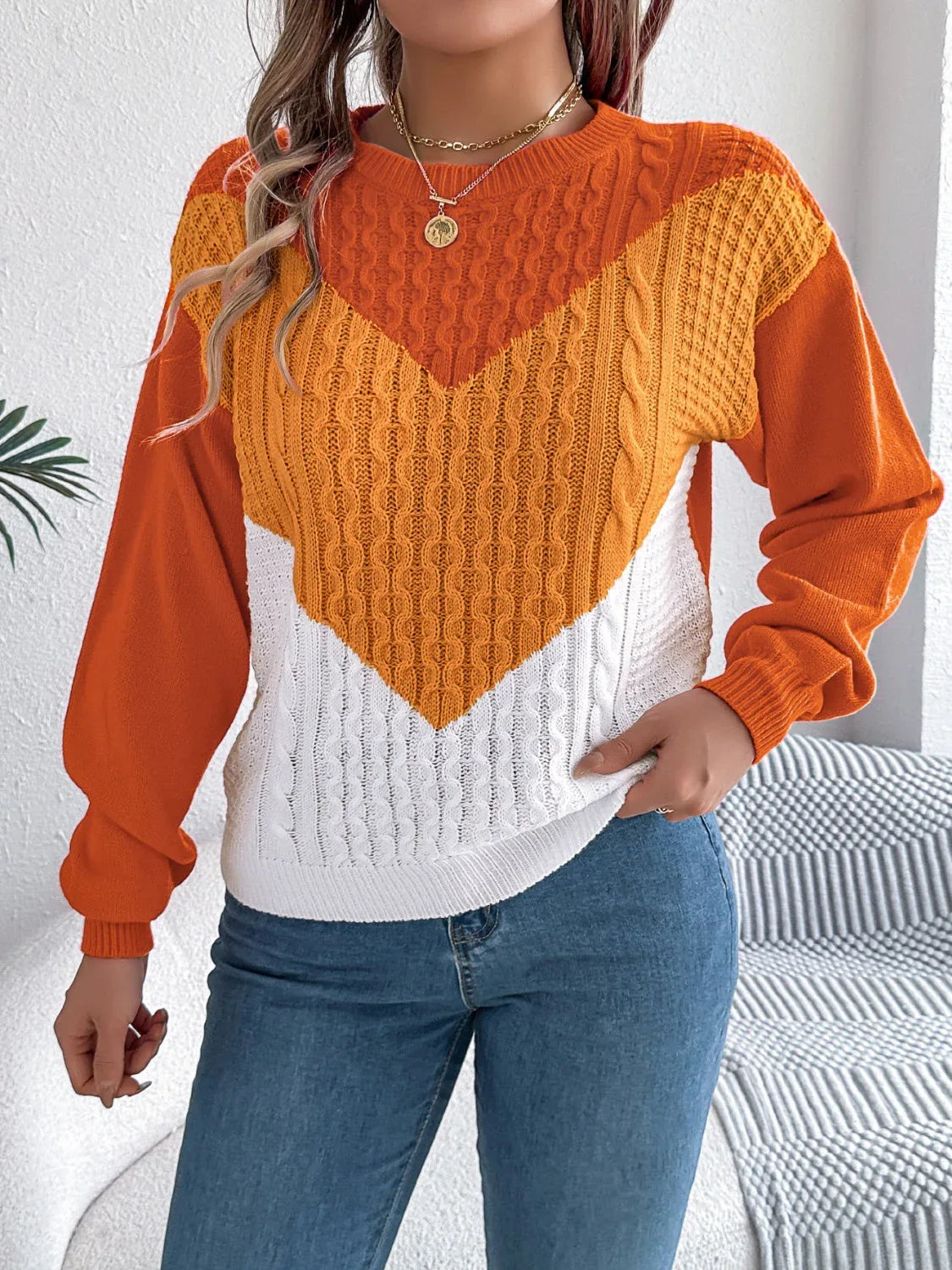 Colorblock cable knit sweater - View 8 | TEVQA