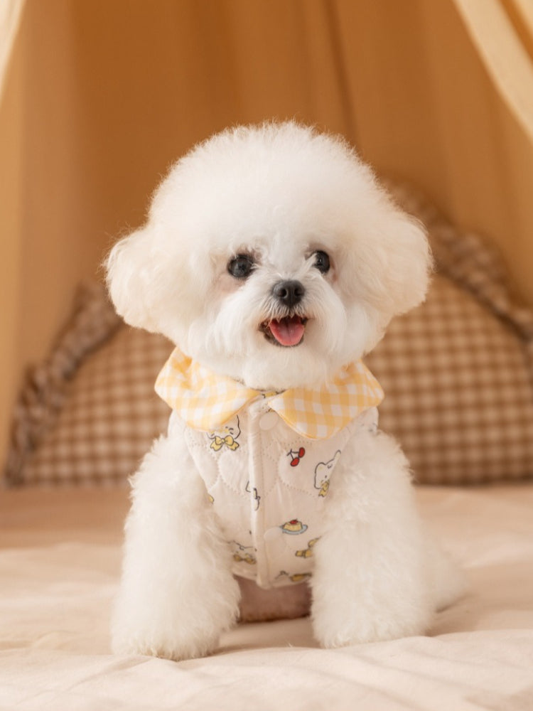White Cartoon Quilted Pet Vest with Gingham Collar & Pocket