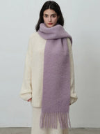 Oversized wool blend scarf in Vintage Blue or Monet Purple with tassels - View 5 | TEVQA