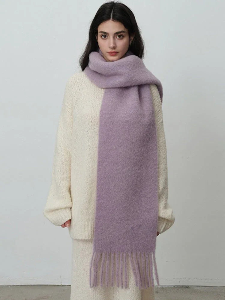 Oversized wool blend scarf in Vintage Blue or Monet Purple with tassels - View 5 | TEVQA