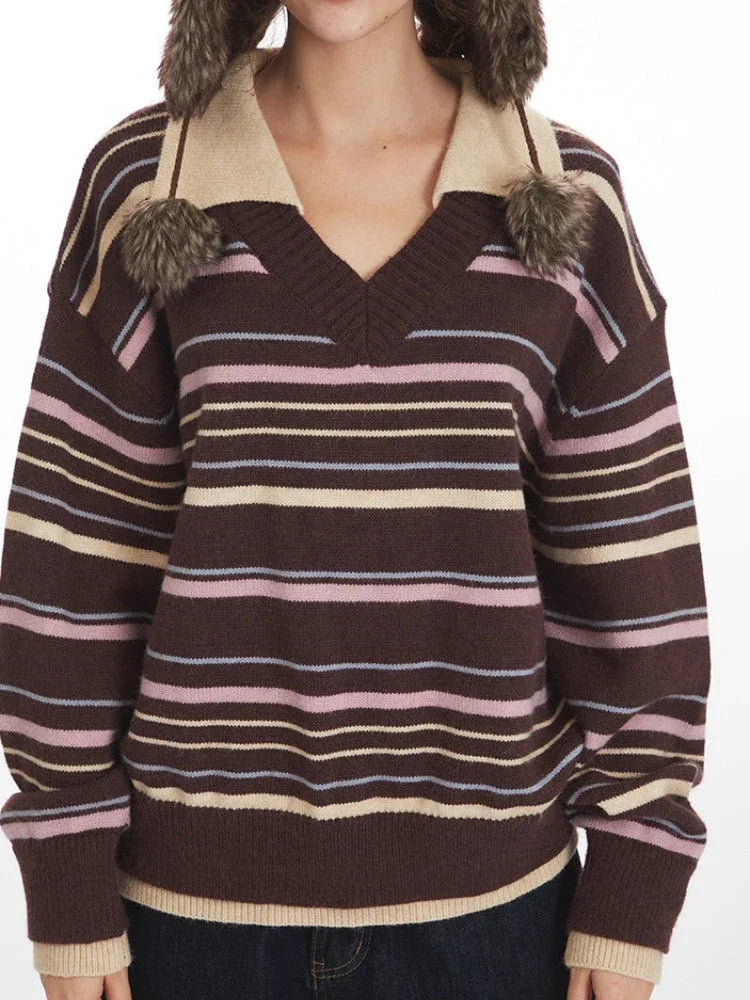 90s Retro Mocha & Berry Striped Polo Sweater - TEVQA