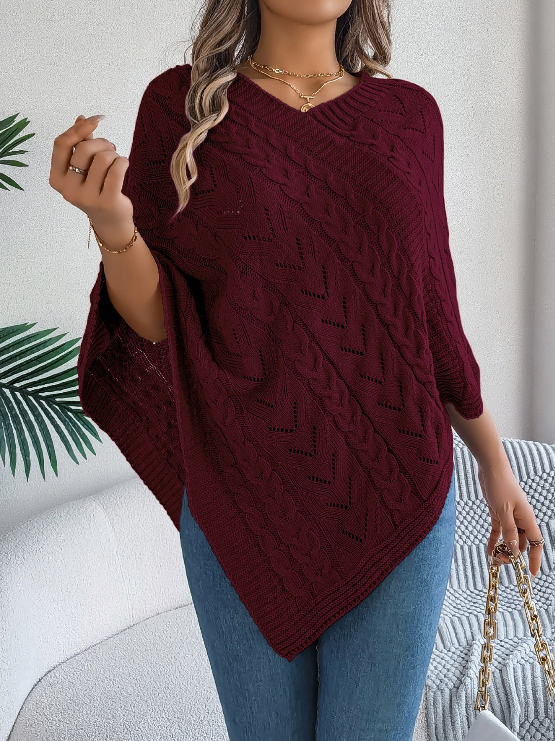 Cable-Knit Openwork Three-Quarter Sleeve Sweater OutfitFlow