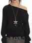 Vintage Black Textured Off-Shoulder Slouchy Top - TEVQA
