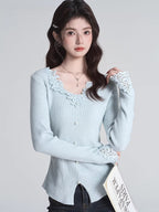 Light Blue Lace V-Neck Ribbed Knit Top