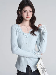 Light Blue Lace V-Neck Ribbed Knit Top