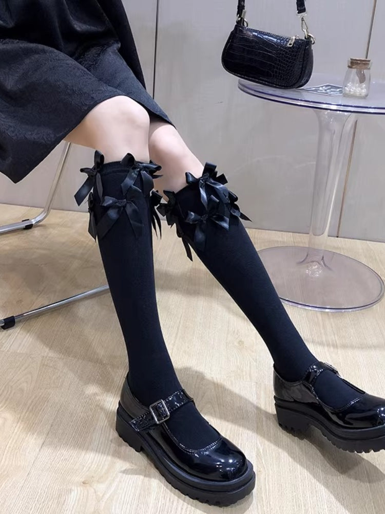 Black Triple Ribbon Bow Knee High Socks Coquette JK