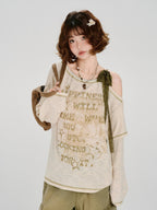 Vintage Graphic Cold Shoulder Layered Top - Beige