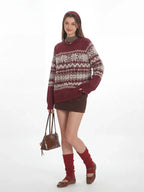 Vintage Burgundy Fair Isle Knit Sweater - TEVQA