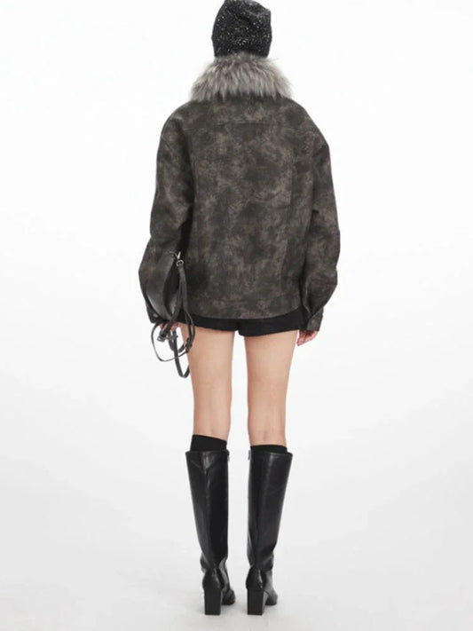 Vintage Distressed Faux Suede Biker Jacket - TEVQA