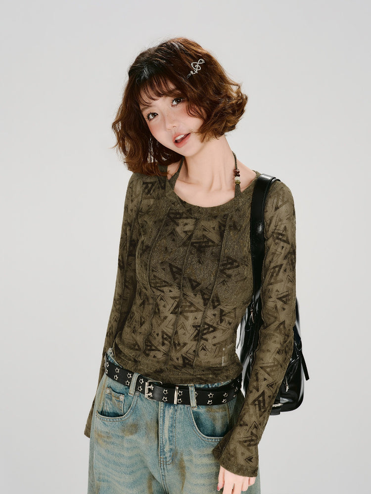 Vintage Print Mesh 2-Piece Long Sleeve Top Green