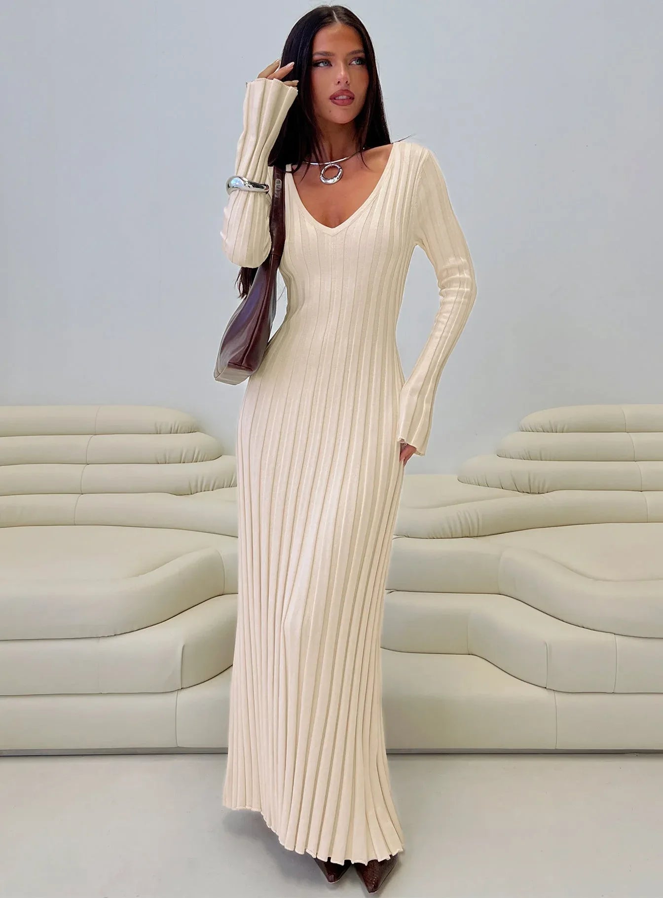 Cream ribbed long sleeve maxi dress with tie waist - View 8 | TEVQA