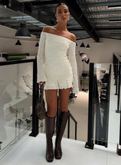Vancesca Cream Textured Off-Shoulder Mini Dress - Ruffle Hem Long Sleeve Bodycon - TEVQA