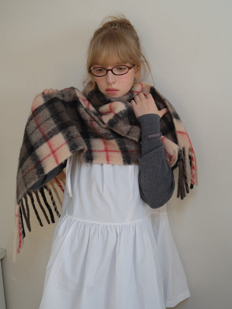Plaid wool blend scarf with fringed hem - View 6 | TEVQA