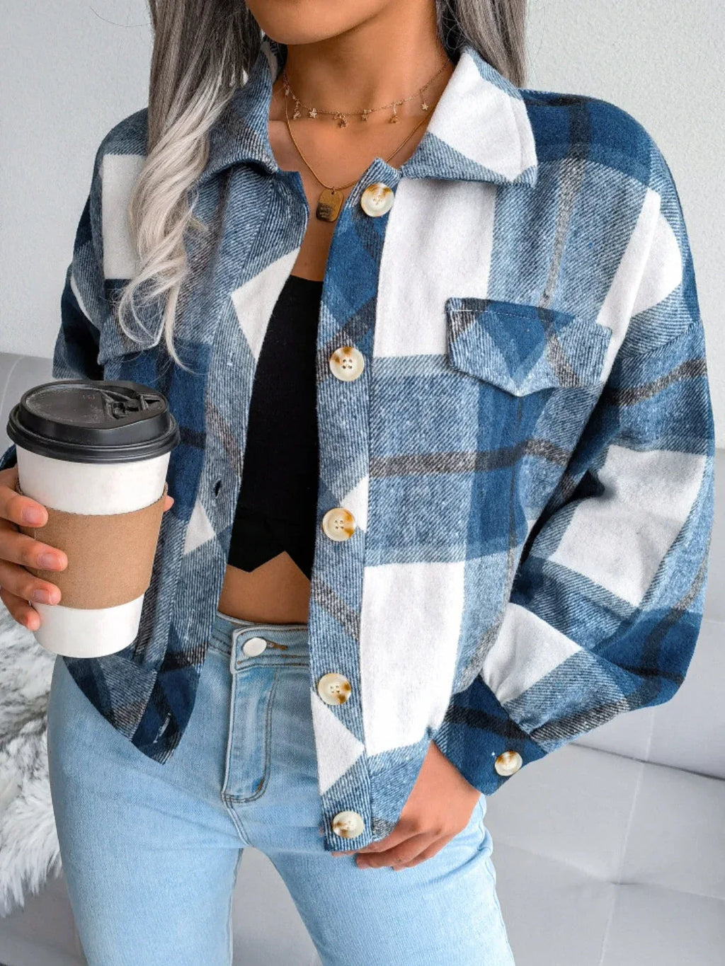 Plaid wool blend cropped shacket with lantern sleeves - View 23 | TEVQA