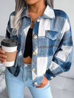 Plaid wool blend cropped shacket with lantern sleeves - View 23 | TEVQA