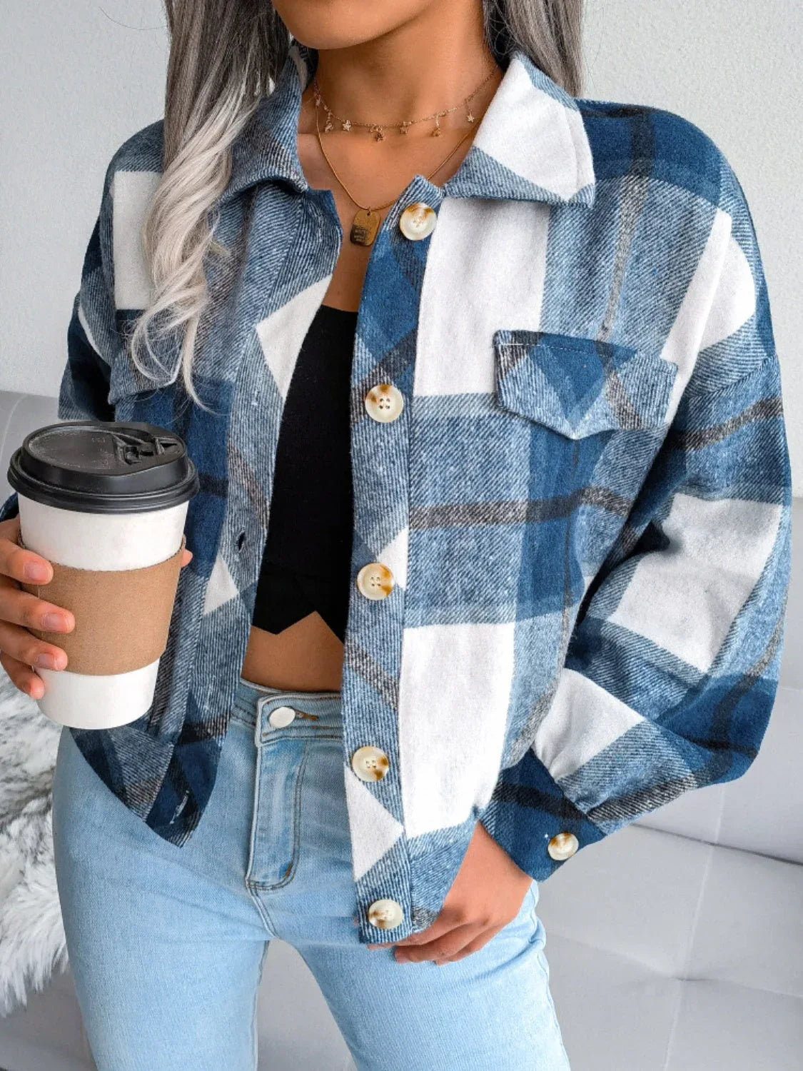 Plaid wool blend cropped shacket with lantern sleeves - View 23 | TEVQA