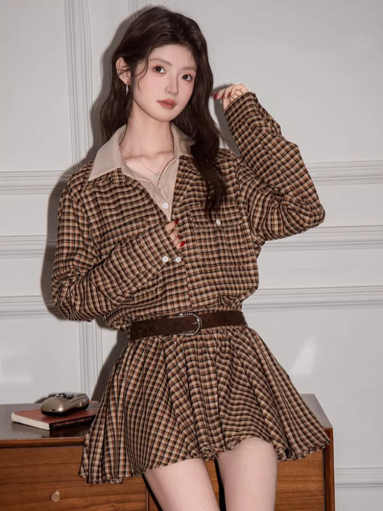 Vintage Plaid Button Down Shirt Dress with Pockets Brown