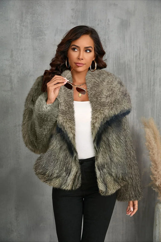 Luxe Sage Grey Faux Fox Fur Coat - TEVQA