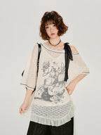 Vintage Lace Asymmetrical Graphic Print Top Cream