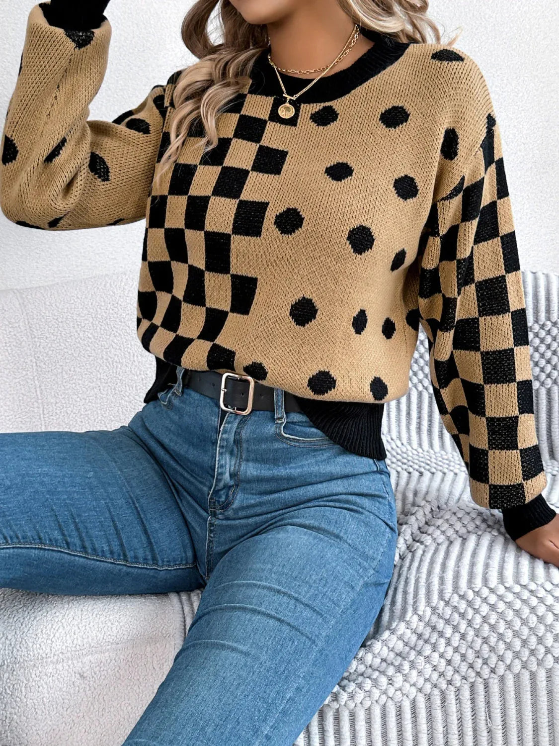Gray Polka Dot & Checkerboard Knit Sweater - View 14 | TEVQA