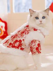 Red Peony Brocade Tang Suit Pet Coat with Fur Collar