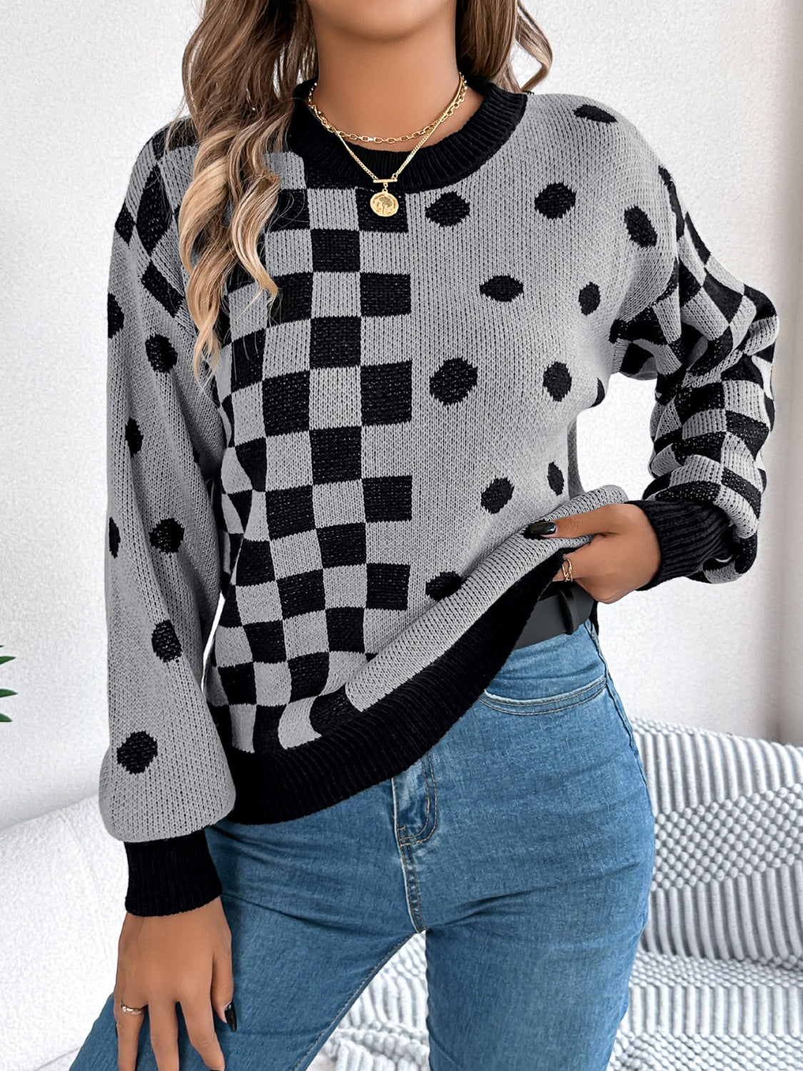 Chic Gray Polka Dot & Checkerboard Knit Sweater