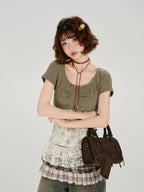 Vintage Patchwork Star Studded Slim T-Shirt - Green