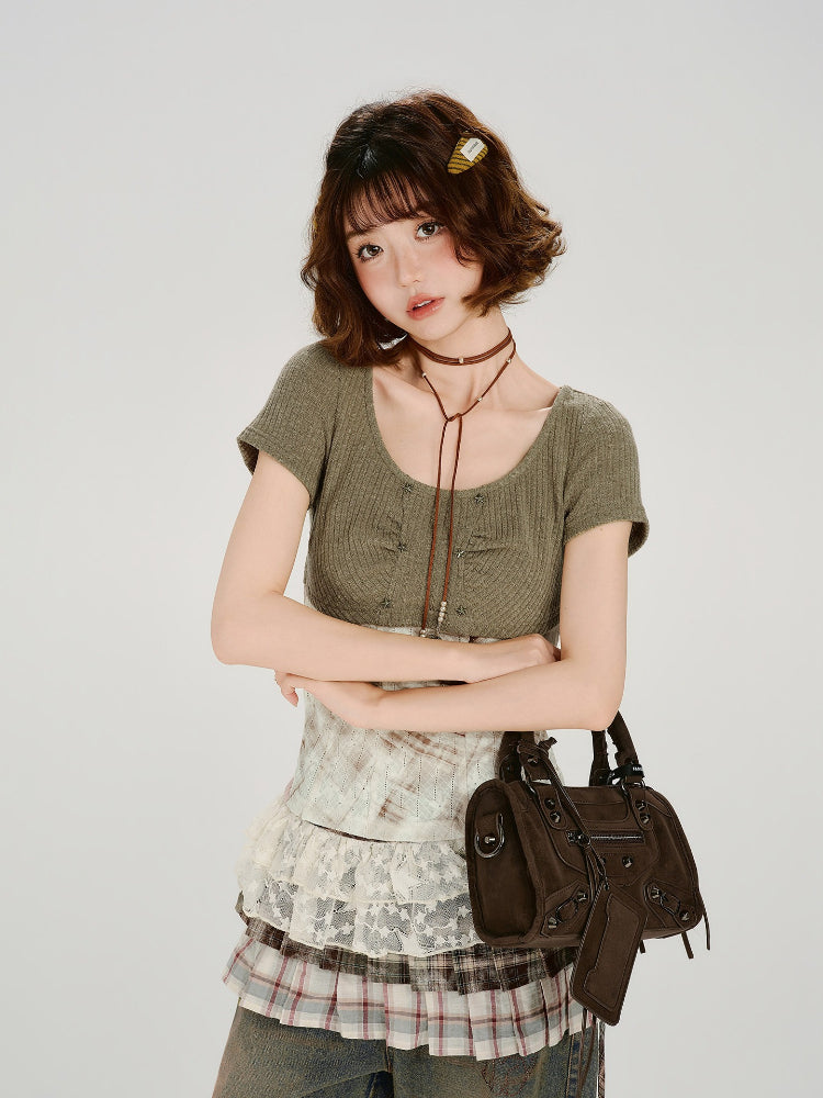 Vintage Patchwork Star Studded Slim T-Shirt - Green
