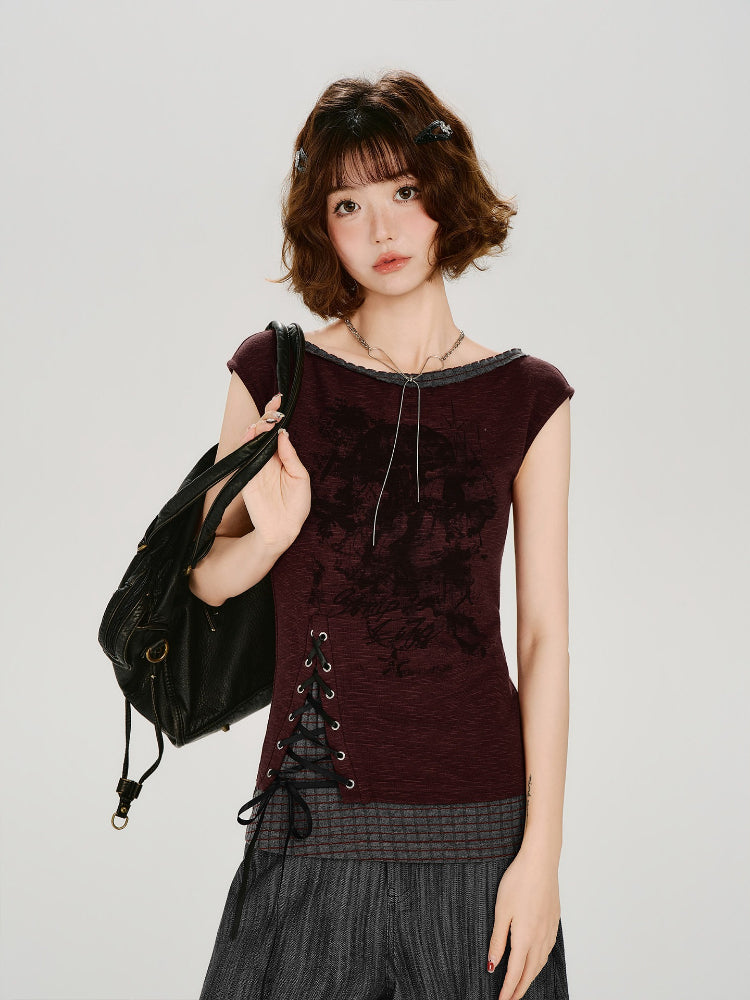 Vintage Grunge Faux Two-Piece Lace-Up Tank Top Burgundy