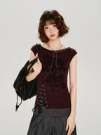 Vintage Grunge Faux Two-Piece Lace-Up Tank Top Burgundy