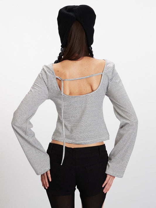 Striped Open Back Tie Crop Top