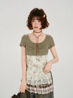 Vintage Patchwork Star Studded Slim T-Shirt - Green