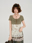 Vintage Patchwork Star Studded Slim T-Shirt - Green