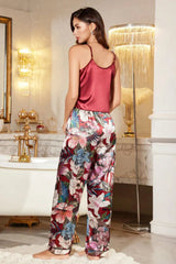 Burgundy Satin Cami Set with Tropical Floral Pants, 2-Piece Silky Sleepwear - Mother's Day Gift