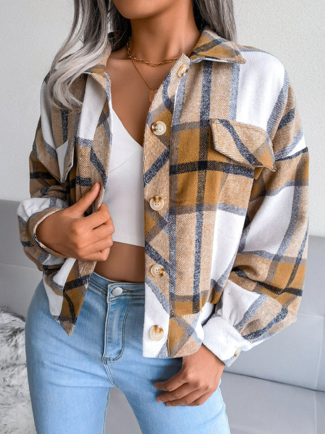 Plaid Wool Blend Lantern Sleeve Cropped Shacket