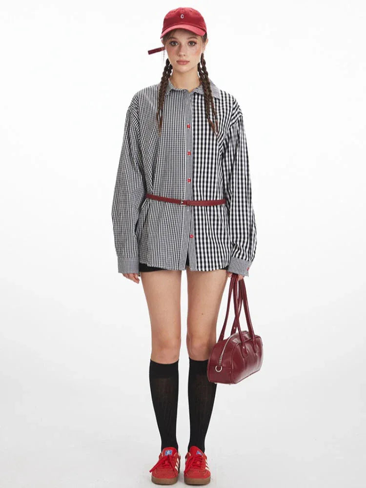 Vintage Inspired Mixed Gingham Oversized Button-Down Shirt - TEVQA