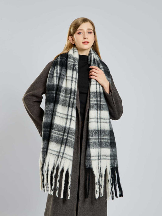 Women's Extra-Long Plaid Scarf Black & White Tartan Faux Mohair Wrap