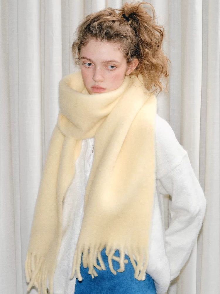 Wool Blend Tassel Scarf Cream Yellow Winter Shawl