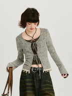 Vintage Tie-Dye Tie-Front Ribbed Cardigan Grey