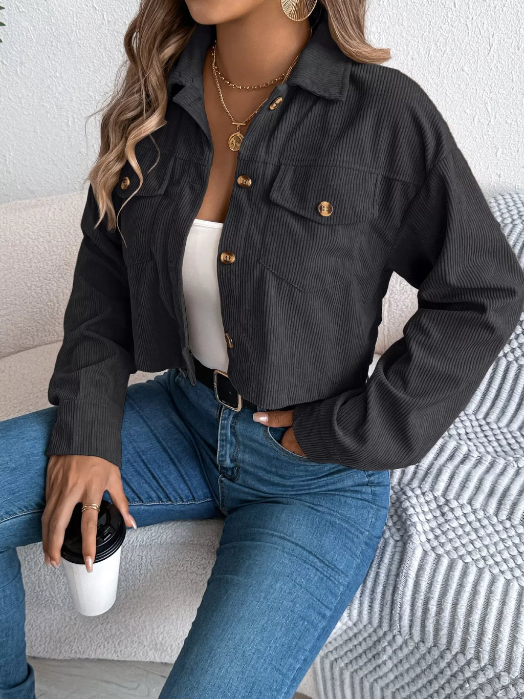 Midnight Noir Corduroy Cropped Jacket - View 6 | TEVQA