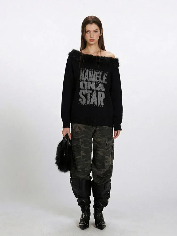 Y2K Grunge Faux Fur Trim Off-Shoulder Sweater - TEVQA Main image