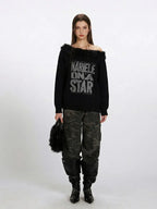 Y2K Grunge Faux Fur Trim Off-Shoulder Sweater - TEVQA
