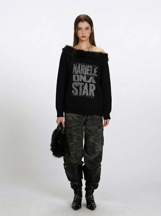 Y2K Grunge Faux Fur Trim Off-Shoulder Sweater - TEVQA