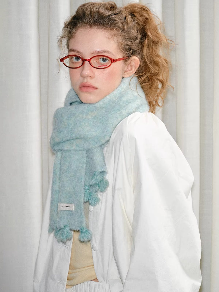 Mint Green Soft Fuzzy Knit Scarf with Tassels