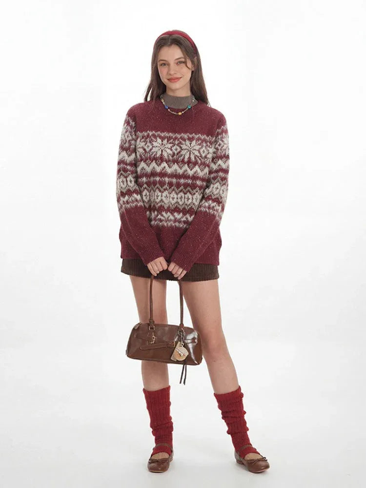 Vintage Burgundy Fair Isle Knit Sweater - TEVQA